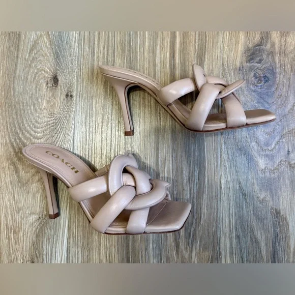 Coach Blush Nude Leather Knotted Mule Heels Square Toe Size 7 - Picture 6 of 9